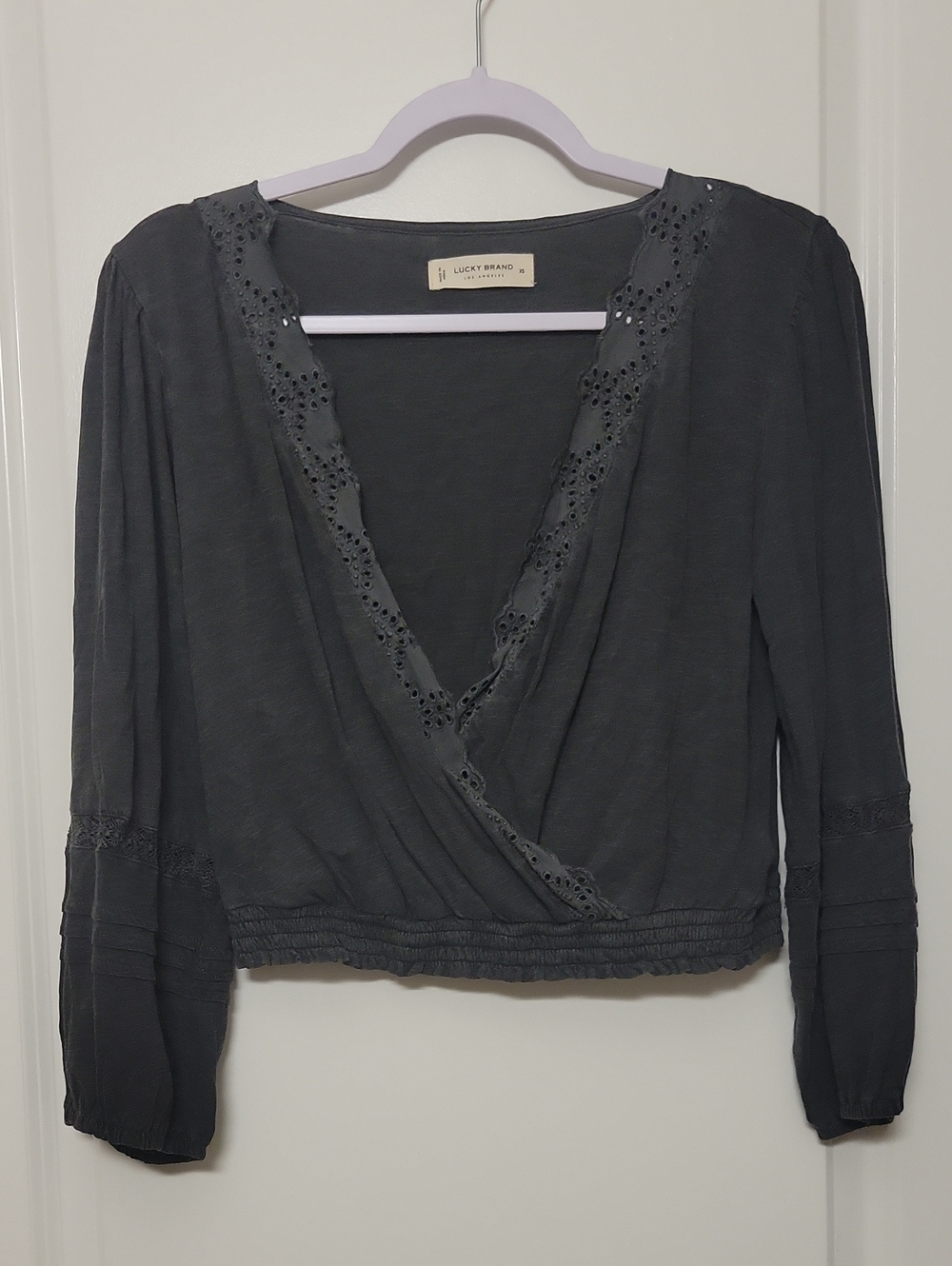 Lucky Brand Dark Gray Eyelet-Trim Wrap Blouse